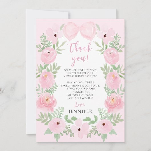 可愛いパステルピンクの弓フローラエレガントの赤ちゃん サンキューカード (正面)