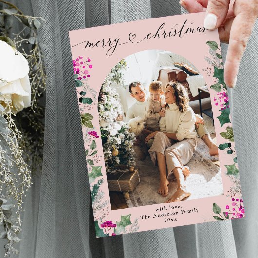 可愛いパステルピンク1フォトアーチクリスマスカード シーズンカード
