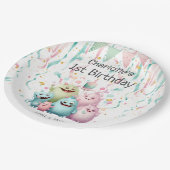 可愛いパステルリトルモンスターズ女の子の1歳の誕生日 ペーパープレート (アングル)