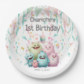 可愛いパステルリトルモンスターズ女の子の1歳の誕生日 ペーパープレート (正面)