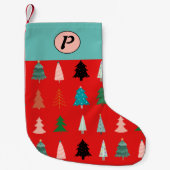 可愛いパターモノグラムのン赤いカラフルの木が青 スモールクリスマスストッキング (正面)