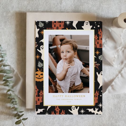 可愛いパター不気味ンハッピーハローウィン写真 箔シーズンカード