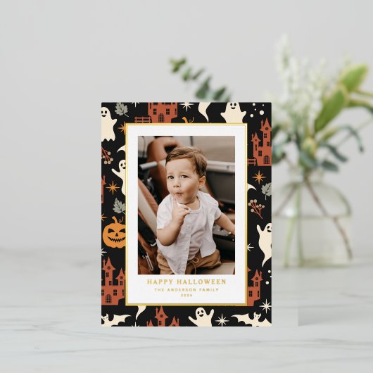 可愛いパター不気味ンハッピーハローウィン写真 箔シーズンポストカード (立ち正面)