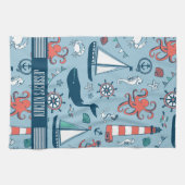可愛いパタ航海のーン赤ちゃんブルー背景 キッチンタオル (横)