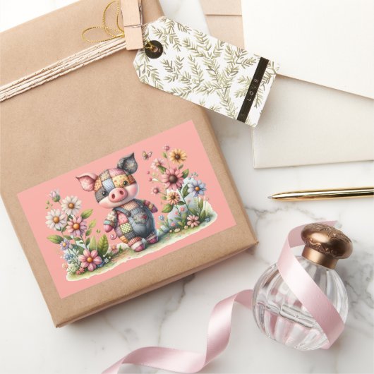 可愛いパッチワーク豚インフローラガーデンマグネット 長方形シール (ギフト)