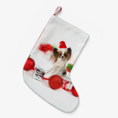 可愛いパピヨンドクリスマスサンタハット スモールクリスマスストッキング (正面 (吊り時))