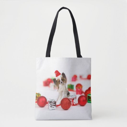 可愛いパピヨンドクリスマスサンタハット トートバッグ (正面)