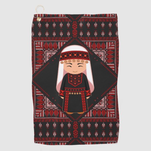 可愛いパレスチナ人少女の刺繍赤いタスリーズ ゴルフタオル (正面)