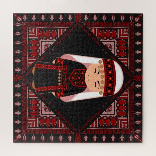 可愛いパレスチナ人少女の刺繍赤いタスリーズ ジグソーパズル (横)