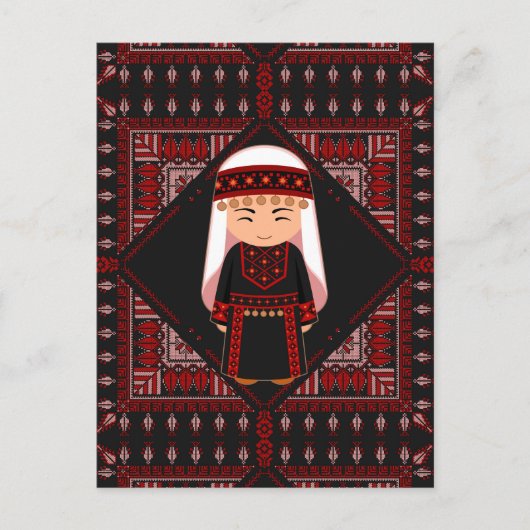 可愛いパレスチナ人少女の刺繍赤いタスリーズ ポストカード (正面)