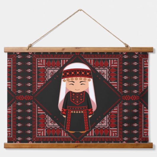 可愛いパレスチナ人少女の刺繍赤いタスリーズ 吊り下げ型タペストリー (正面)