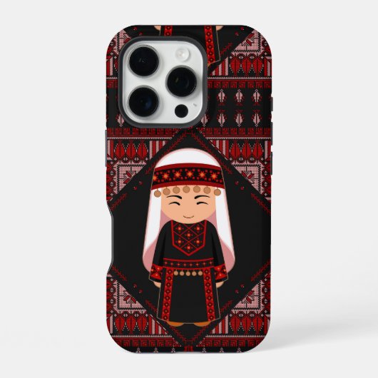 可愛いパレスチナ人少女の刺繍赤いタスリーズ iPhoneケース (裏面)