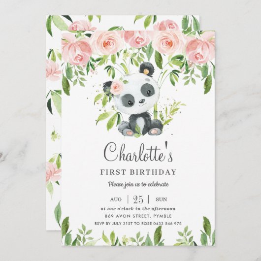 可愛いパンダピンクフローラグリーン一歳の誕生日ガール 招待状 (正面/裏面)