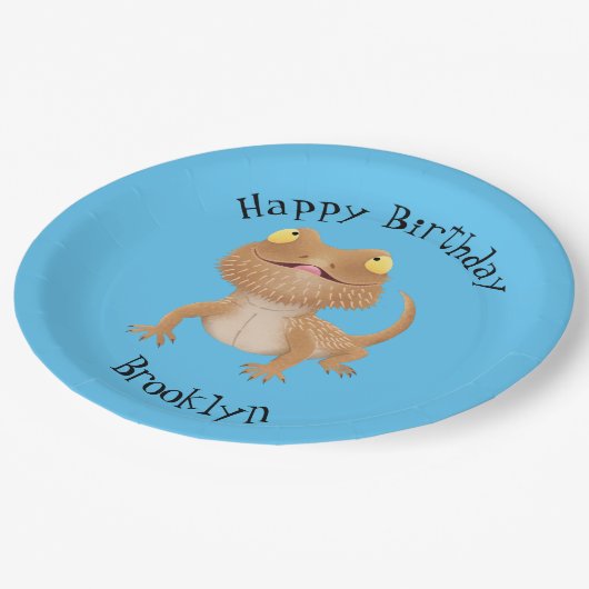 可愛いパーソナライズされたひげ竜トカゲの誕生日 ペーパープレート (アングル)