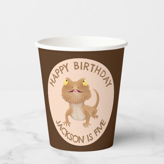 可愛いパーソナライズされたひげ竜トカゲの誕生日 紙コップ (正面)