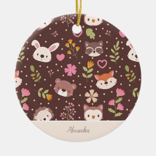 可愛いパーソナライズされたウッドランド動物キッズクリスマス セラミックオーナメント (正面)
