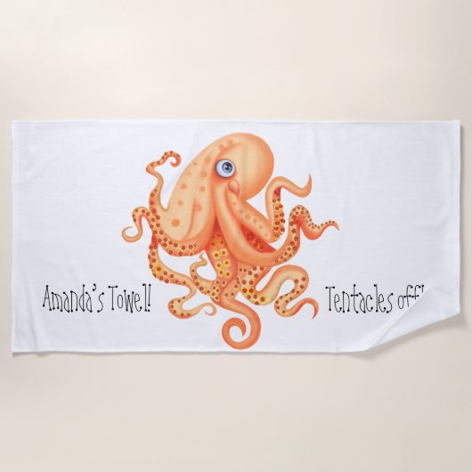 可愛いパーソナライズされたオレンジ色のタコの触手 ビーチタオル (正面)