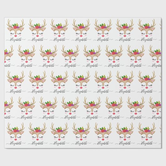 可愛いパーソナライズされたガールクリスマストナカイ顔ラ ラッピングペーパー (フラット)