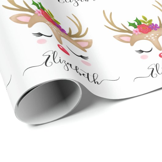 可愛いパーソナライズされたガールクリスマストナカイ顔ラ ラッピングペーパー (ロールコーナー)