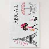 可愛いパーソナライズされたガール&キャットエッフェルタワーパリ ジグソーパズル (縦)