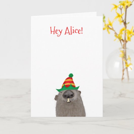 可愛いパーソナライズされたグラウンドホッグクリスマスカード カード (黄色い花)