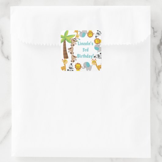 可愛いパーソナライズされたサファリ動物誕生日シール スクエアシール (バッグ)