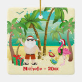 可愛いパーソナライズされたサンタとビーチの鳥クリスマス セラミックオーナメント (裏面)