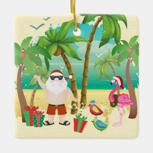 可愛いパーソナライズされたサンタとビーチの鳥クリスマス セラミックオーナメント (正面)