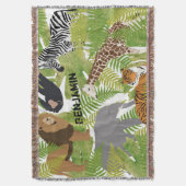 可愛いパーソナライズされたジャングル動物サファリ少年 |少女 スローブランケット (正面縦)