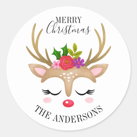 可愛いパーソナライズされたトナカイのクリスマス ラウンドシール (正面)