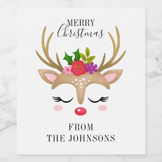 可愛いパーソナライズされたトナカイのクリスマス ワインラベル (シングルラベル)