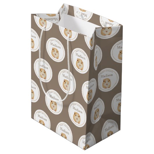 可愛いパーソナライズされたハムスターパターン誕生日パーティー ミディアムペーパーバッグ (裏面アングル)
