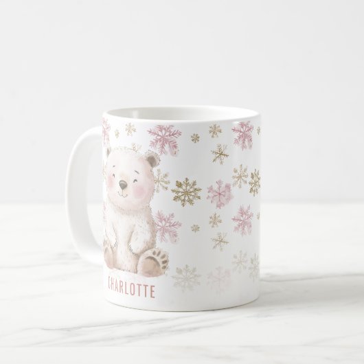 可愛いパーソナライズされたピンクの冬のクマのクリスマス コーヒーマグカップ (正面左)