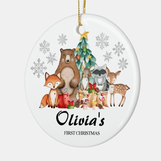 可愛いパーソナライズされたファーストのクリスマス動物 セラミックオーナメント (左)