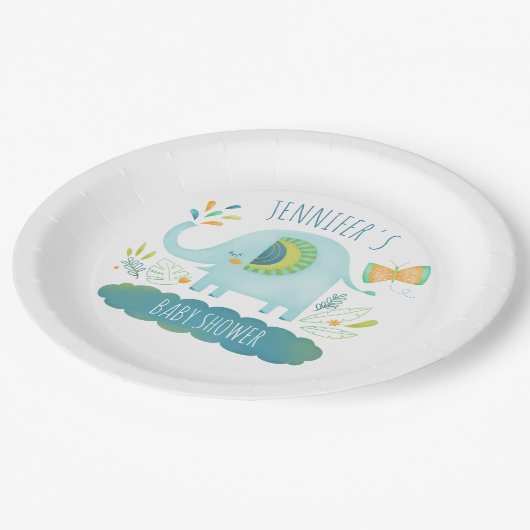 可愛いパーソナライズされたブルーエレファントベビージャーシャワー ペーパープレート (アングル)