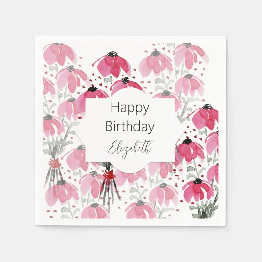 可愛いパーソナライズされたボホピンクウォーターフローラ スタンダードカクテルナプキン (正面)