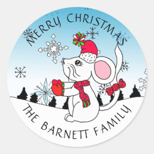 可愛いパーソナライズされたメリークリスマスマウスの雪片 ラウンドシール