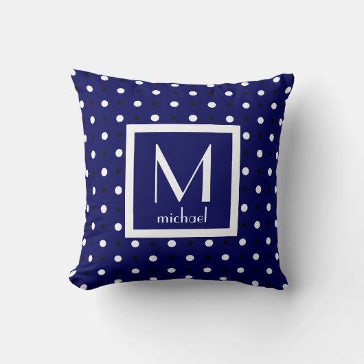 可愛いパーソナライズされたモノグラム、ネイビーブルーw水玉模様 クッション (正面)