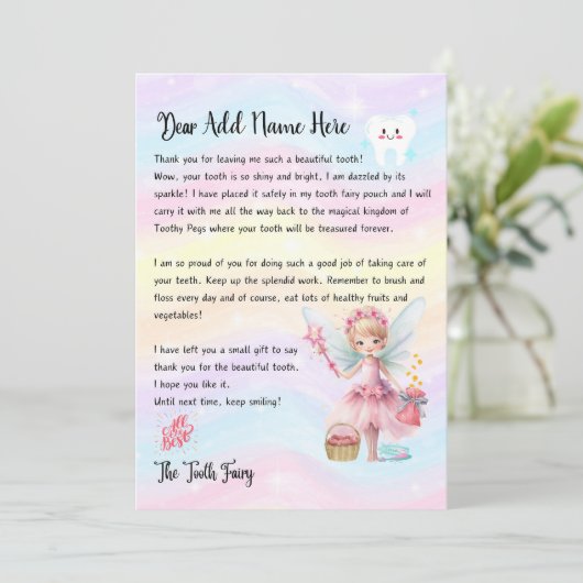 可愛いパーソナライズされた歯の妖精の手紙子供へ 招待状 (スタンド正面)