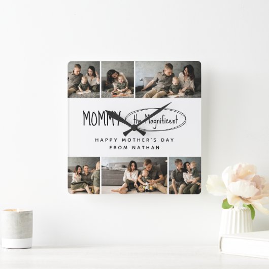 可愛いパーソナライズされた母の日の家族写真 スクエア壁時計 (ホーム)