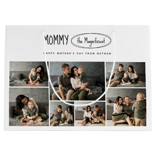 可愛いパーソナライズされた母の日の家族写真 ラージペーパーバッグ (正面)