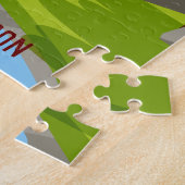 可愛いパーソナライズされた漫画恐竜の緑の青 ジグソーパズル (側面)