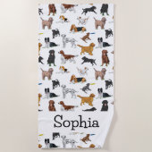 可愛いパーソナライズされた犬のイラストレーション柄 ビーチタオル (正面)