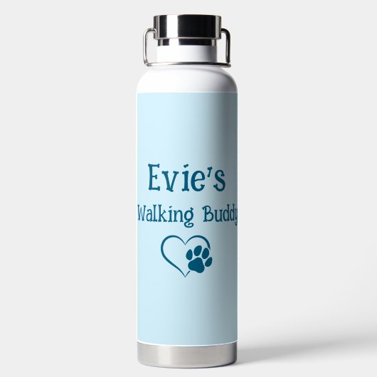 可愛いパーソナライズされた犬歩くバディハート写真 ウォーターボトル (背面)