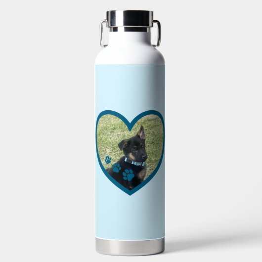 可愛いパーソナライズされた犬歩くバディハート写真 ウォーターボトル (正面)