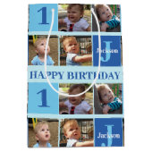 可愛いパーソナライズされた誕生日少年フォトコラージブルー ミディアムペーパーバッグ (正面)