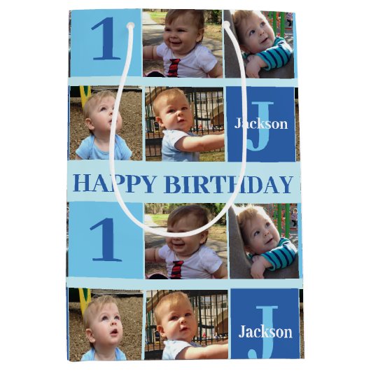 可愛いパーソナライズされた誕生日少年フォトコラージブルー ミディアムペーパーバッグ (正面)