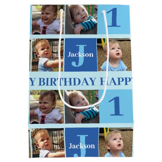 可愛いパーソナライズされた誕生日少年フォトコラージブルー ミディアムペーパーバッグ (裏面)