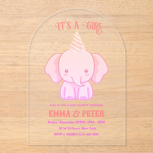 可愛いパーソナライズされた象ピンクの赤ちゃんシャワー アクリル招待状 (正面)