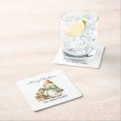 可愛いパーソナライズされた雪だるま&クリスマスプレゼント スクエアペーパーコースター (インサイチュ)